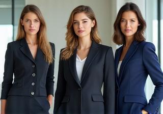 Models wearing professional work attire from Aura Apparel.